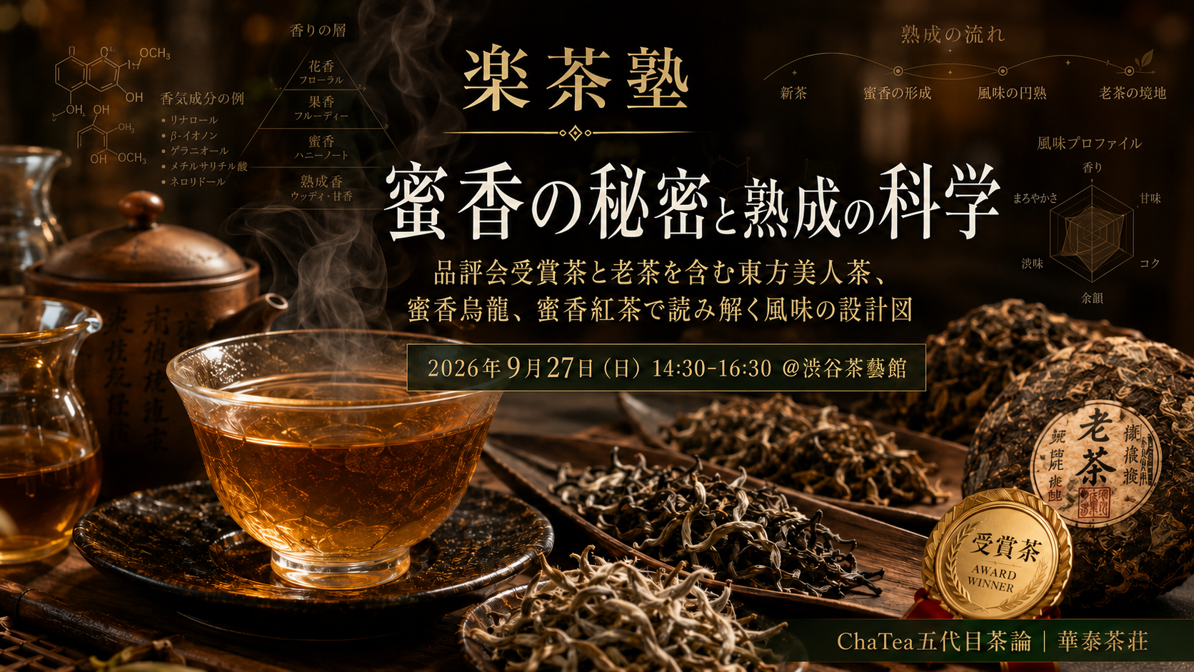 追加開催決定！9月27日午後楽茶塾【蜜香の秘密と熟成の科学】 ――品評会受賞茶と老茶を含む東方美人茶、蜜香烏龍、蜜香紅茶で読み解く風味の設計図